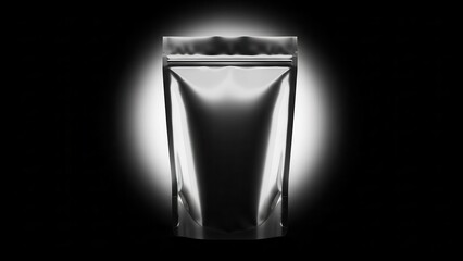 Sleek, metallic silver stand-up pouch with a secure zip closure, rendered in a photorealistic 3D style, dramatically illuminated by a focused spotlight against a stark black background, intended for
