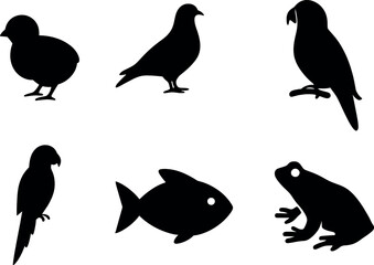 Small animal and bird silhouettes collection with parrots, pigeon, chick, fish, and frog for versatile design use.
