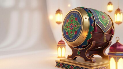 Ramadan drum with lanterns for festive celebration of muslim holy month, copy space.