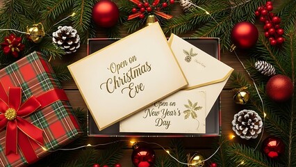 Christmas Gift Box Surrounded by Festive Decorations and Cards holiday present