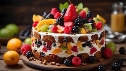 Colorful Fruit Cake on a Wooden Table With Berries, Citrus, and Cream Topping in a Bright Kitchen Setting