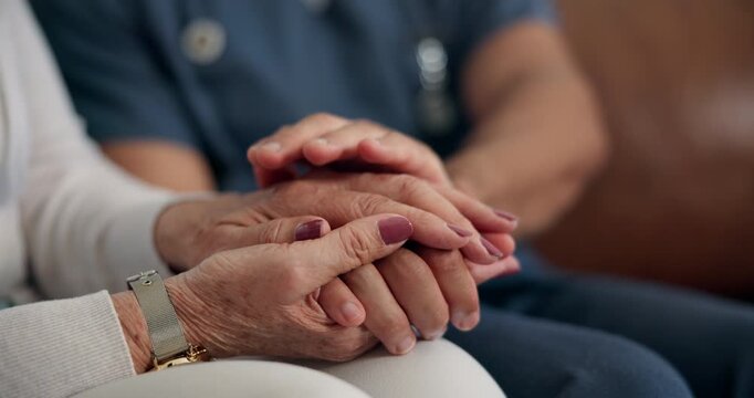 Holding hands, support and nurse with person in home for comfort, compassion and unity for trust. People, hope and healthcare worker with cancer patient for consultation with kindness in house.