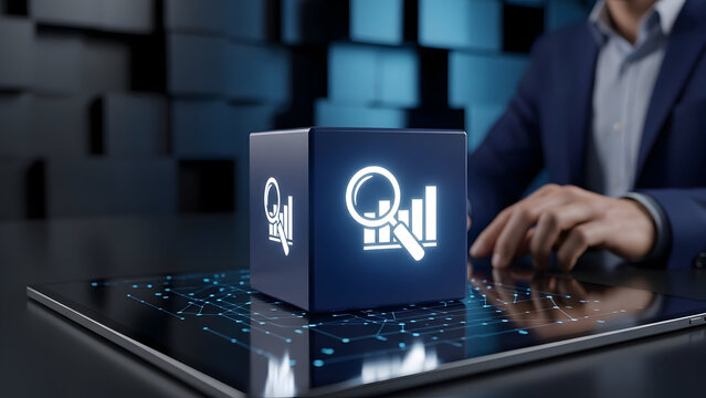Blue cube with a glowing magnifying glass and bar chart icon. - Powered by Adobe