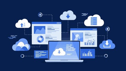 Cloud computing illustration with laptop and cloud icons symbolizing data storage and access