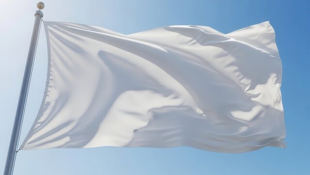 Serene, billowing white fabric flag with a smooth, slightly textured polyester material, dynamically waving in a gentle breeze against a clear, bright blue sky, presented as a clean, versatile mockup