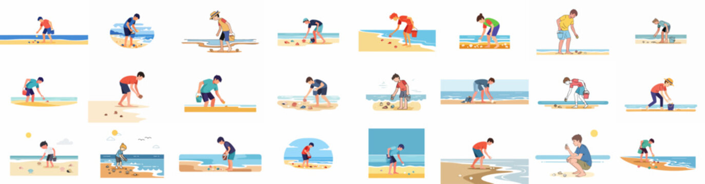 Vector illustration set of diverse people collecting colorful seashells on the sandy beach during summer holidays and leisure time.