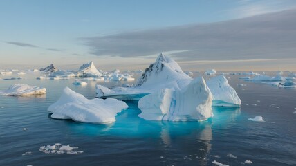 Majestic blue icebergs drift silently across the frigid arctic ocean under a soft pale sky