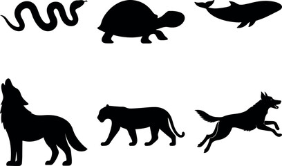 Vector silhouettes of wild and domestic animals including howling wolf, running dog, tortoise, whale, and snake.