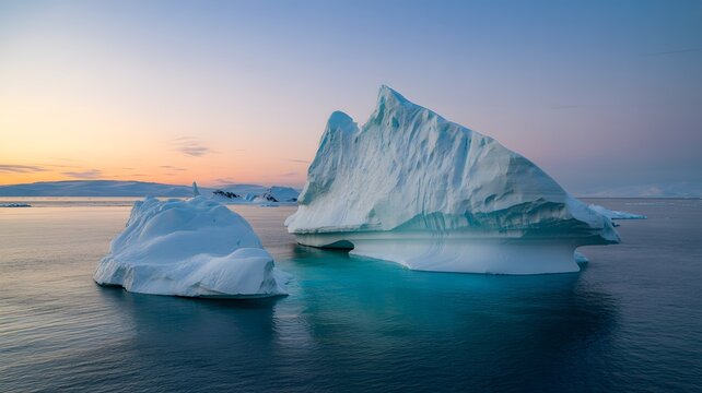 Massive sculpted blue icebergs float in calm polar water during the soft sunset glow - Powered by Adobe