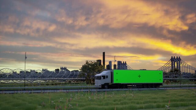 White Semi Truck Driving on Highway at Sunset with Green Screen Trailer for Advertisement Mockup