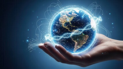Illuminated and intricately detailed digital rendering of the Earth, glowing with city lights and overlaid with a network of interconnected data streams and a prominent DNA helix, is gently cradled