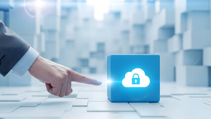 Blue cube with a glowing cloud lock icon being touched by a finger.
