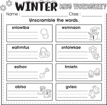 Winter kids word scramble worksheet activity