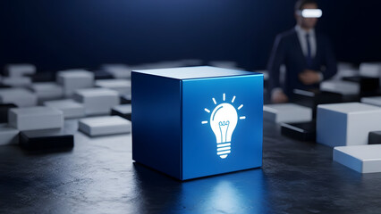 Blue cube with a glowing lightbulb icon and a blurred businessman with VR headset in background.