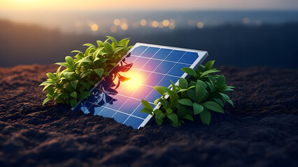 Solar panel resting on soil surrounded by green plants at sunset.