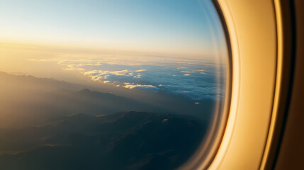 Fototapeta premium Aerial view from a plane window during sunset: clouds and mountain peaks covered in mist illuminated by soft light. The golden hues create a serene atmosphere, offering a tranquil travel scene.