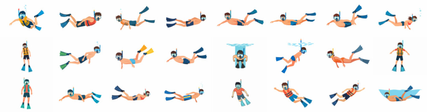 Vector set of people snorkeling and diving in the water, wearing masks, snorkels, fins, and life jackets, isolated for summer vacation and water sports concepts.