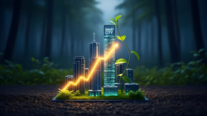 Smart city model with a rising arrow and a plant growing out of it on soil.