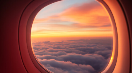 Aerial window view with sunset colors painting the sky. Wispy clouds stretch across the horizon, seen through the airplane window. Mesmerizing sky view from above the clouds.