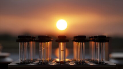 Clear laboratory test tubes are arranged in a rack illuminated by a vibrant sunset