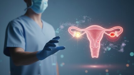 A doctor with a glowing female reproductive system with diagnostic focus, women health care, ovulation and menstrual cycle women