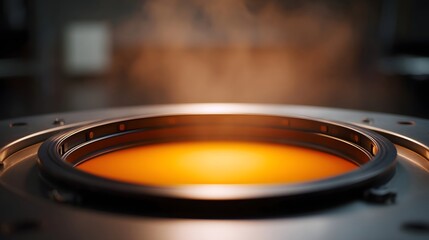 Close up view of a glowing orange liquid emitting steam within an industrial or scientific apparatus
