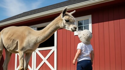 Obraz premium Young Child Interacting with a Light Brown Alpaca Near a Red Barn toddler animal