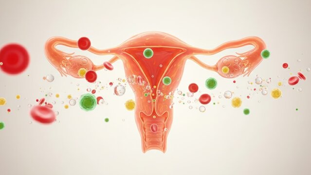 A glowing female reproductive system with blood cells and nutrients showing inner health, ovulation and menstrual cycle women