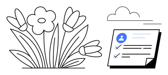 Blooming flowers beside a checklist document under a cloud. Ideal for organization, planning, productivity, growth, sustainability, personal development, ecology. Simple flat metaphor