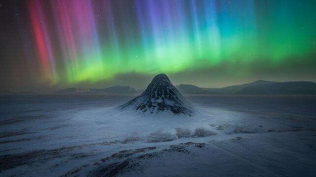 Brilliant aurora borealis shimmers over a solitary snowy peak in a frozen arctic landscape - Powered by Adobe