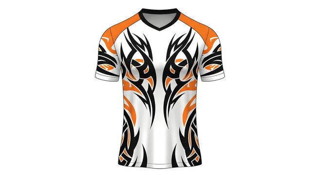 Customizable White And Orange Tribal Design T-Shirt For Sporting Events And Casual Wear