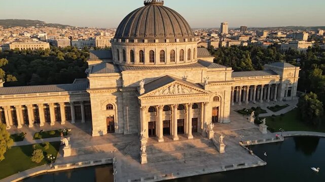 Grand dome architecture, ornate facade, pillars, steps, statues, urban backdrop, golden hour