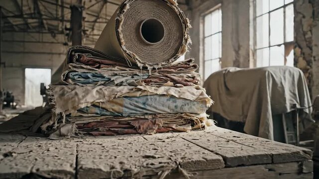 A tall stack of aged fabric rolls and folded textiles rests on a dusty wooden surface in an abandoned industrial warehouse.