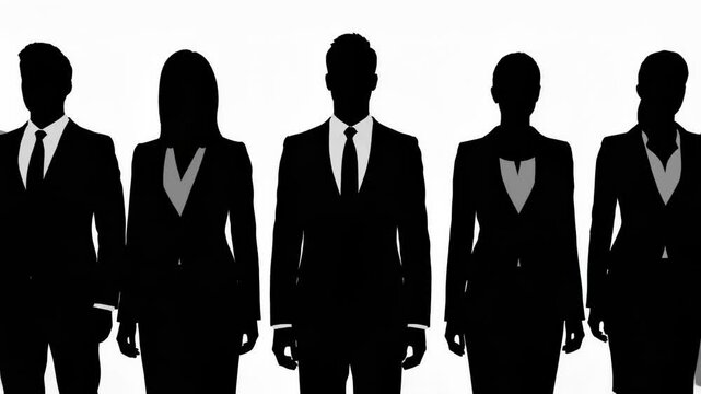 Silhouettes of business people standing in a row on isolated white background