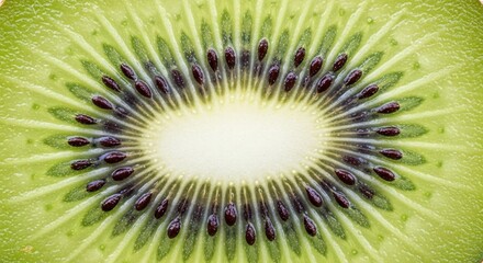 Close-up of a vibrant green kiwi fruit slice revealing its intricate patterns and tiny black seeds.