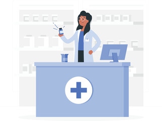 Pharmacist holding medication bottle behind counter woman pharmacy