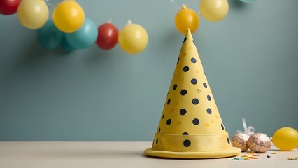 Birthday Party Setup With Yellow Polka Dot Hat, Balloons, and Confetti on a Table in a Festive Room
