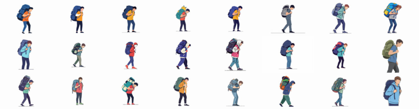 Set of vector illustrations depicting male travelers and hikers carrying heavy, oversized backpacks and rucksacks, symbolizing trekking, adventure, and burden.