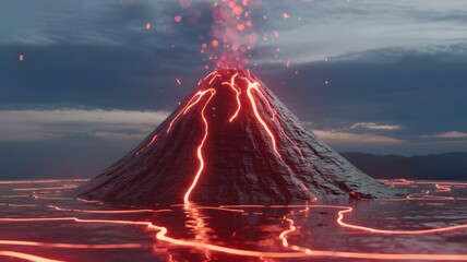 Fiery lava eruption from a volcano creating glowing rivers across dark water under a stormy sky