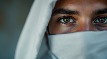 Humanitarian aid - Modern close-up portrait of a humanitarian worker emphasizing fabric texture, featuring natural light and a calm mood in a documentary style.