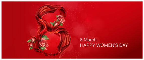 Banner for the International Women's Day. Sale banner, discount card. March 8 on the black and red background. Vector illustration