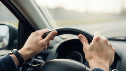 Focused, confident male hands gripping a modern black leather steering wheel within a contemporary automobile interior, demonstrating control and safe driving during a bright, sunlit commute, intended