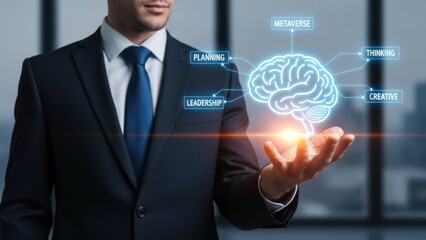 Strategic Metaverse Leadership: Executive Businessman Holding Glowing Brain Icon with Planning and Thinking Metrics
