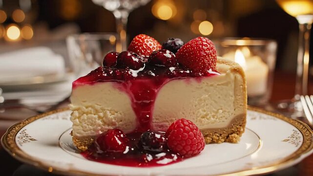 Decadent slice of cheesecake with a rich berry compote topping served on an elegant plate in romantic candlelight
