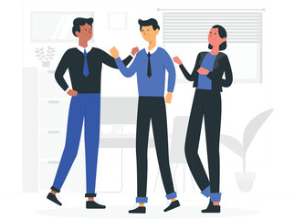 Obraz premium Three business colleagues bumping fists in office setting teamwork