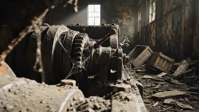 Dusty and seized industrial machinery in a neglected, abandoned factory interior, showcasing the decay of forgotten technology.