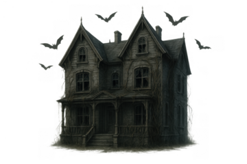 Abandoned haunted house with flying bats, spooky victorian mansion for halloween event or eerie gothic concept