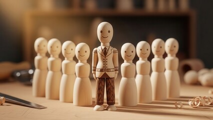 Warmly lit, handcrafted wooden peg dolls with simple smiling faces and minimalist design, arranged in a neat row with one figure distinguished by a patterned waistcoat and belt, positioned on a rustic