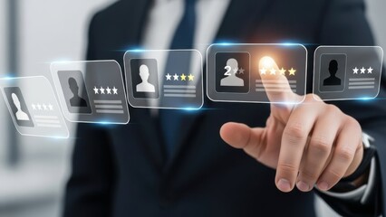 Modern Talent Assessment: Hand selecting candidate profile with star ratings for human resource recruitment