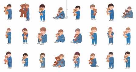 Cute vector illustrations set of little boys in blue pajamas holding and cuddling teddy bears, symbolizing bedtime, comfort, security, and childhood.